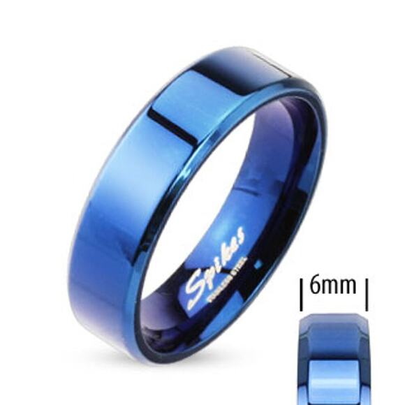 Beveled Edge Flat Band Blue IP Over Stainless Steel Ring 6mm width 9 - Picture 1 of 2